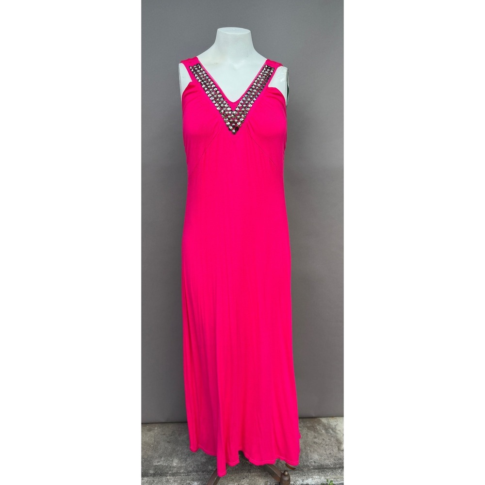 Jessica Taylor NYC 2X Hot Pink Studded V-Neck Maxi Dress Sleeveless Stretch Glam